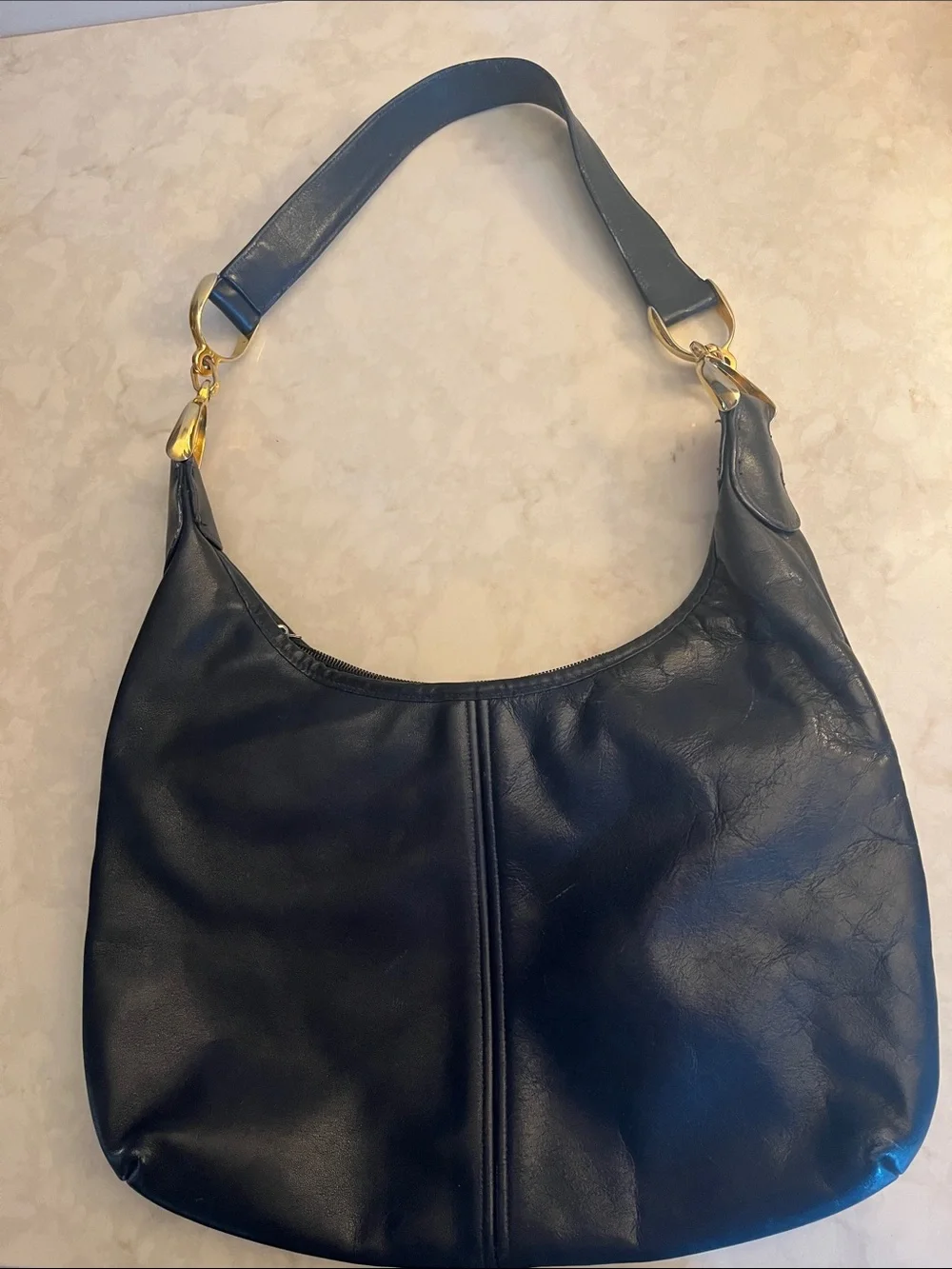 Vintage Morris Moskowitz Deep Navy leather Hobo Shoulder Bag Purse gold hardware